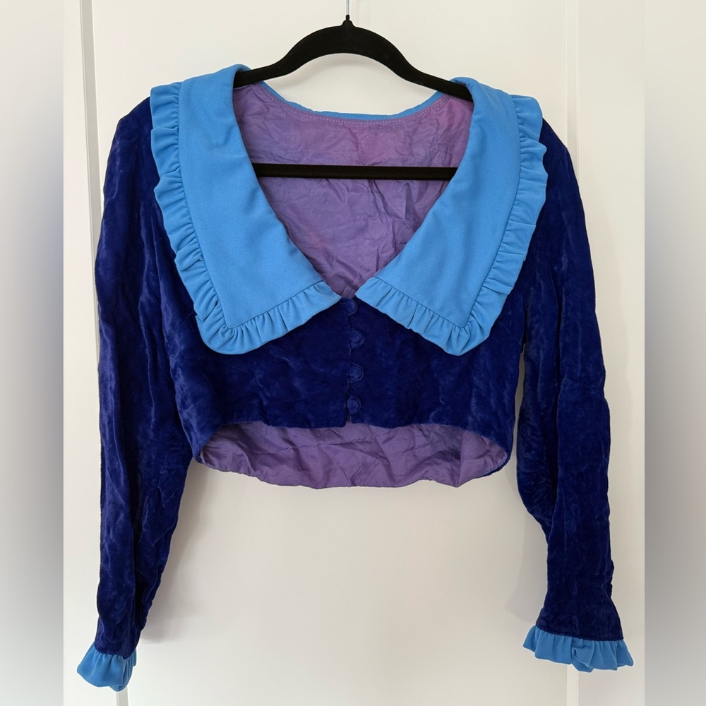 Blue Velvet Ruffled Collar Top